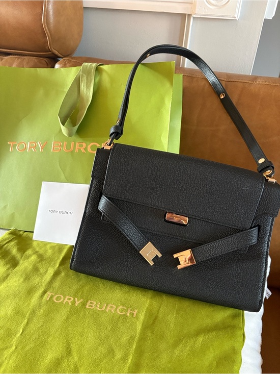 Tory Burch Handbags - NWT Tory Burch Lee Radziwill Black Pebbled Leather Shoulder with Gold Hardware